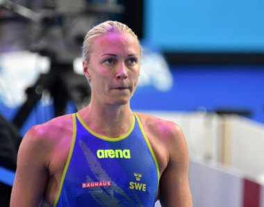 Budapeşte, Macaristan - 27 Temmuz 2017. Rekabetçi yüzücü Sjostrom Sarah (Swe) 100 m serbest stil yarı final. Duna arenada Fina yüzme Dünya Şampiyonası düzenlendi.