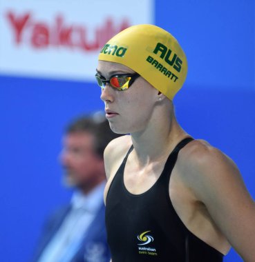 Budapeşte, Macaristan - 28 Temmuz 2017. 50 m kelebek yarı final rekabetçi yüzücü Barratt Holly (Aus). Duna arenada Fina yüzme Dünya Şampiyonası düzenlendi.