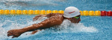 Budapeşte, Macaristan - 26 Temmuz 2017. Le Clos Chad (Rsa) kazanan 200m kelebek Final rekabetçi yüzücü. Duna arenada Fina yüzme Dünya Şampiyonası düzenlendi.