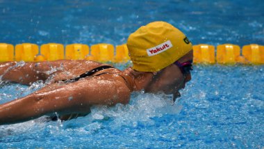 Budapeşte, Macaristan - 26 Temmuz 2017. McKeon Emma (Aus) karışık 4x100m Medley geçiş Final yüzme. Duna arenada Fina yüzme Dünya Şampiyonası düzenlendi.