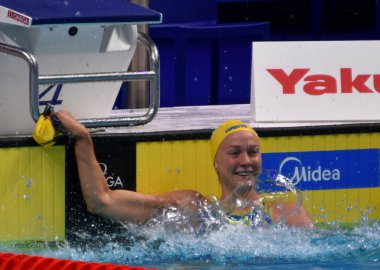 Budapeşte, Macaristan - 29 Temmuz 2017. 50 m serbest stil yarı final rekabetçi yüzücü Sjostrom Sarah (Swe). Duna arenada Fina yüzme Dünya Şampiyonası düzenlendi.