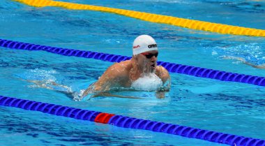 Budapeşte, Macaristan - 30 Temmuz 2017. Gyurta Daniel (Hun) Erkekler 4x100m Medley geçiş son. Duna arenada Fina yüzme Dünya Şampiyonası düzenlendi.