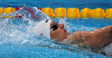 Budapeşte, Macaristan - 28 Temmuz 2017. Rekabetçi yüzücü Hosszu 200 m sırtüstü yüzme Katinka (Hun). Fina yüzme Dünya Şampiyonası ön ısıtır Duna Arena.