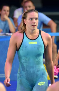 Budapeşte, Macaristan - 29 Temmuz 2017. 50 m kurbağalama yarı final rekabetçi yüzücü Laukkanen Jenna (Fin). Duna arenada Fina yüzme Dünya Şampiyonası düzenlendi.