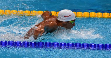 Budapeşte, Macaristan - 26 Temmuz 2017. Le Clos Chad (Rsa) kazanan 200m kelebek Final rekabetçi yüzücü. Duna arenada Fina yüzme Dünya Şampiyonası düzenlendi.