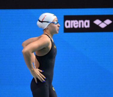 Budapeşte, Macaristan - 25 Temmuz 2017. 1500m serbest son rekabetçi yüzücü Kesely Ajna (Hun). Dünya Şampiyonası Final Duna arenada yüzme Kısa kulvar.