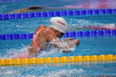 Budapeşte, Macaristan - 27 Temmuz 2017. Rekabetçi yüzücü Smith Kierra (Can) 200 m kurbağalama yarı final. Duna arenada Fina yüzme Dünya Şampiyonası düzenlendi.