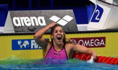 Budapeşte, Macaristan - 26 Temmuz 2017. 200m kelebek yarı final içinde rekabetçi yüzücü Szilagyi Liliana (Hun). Duna arenada Fina yüzme Dünya Şampiyonası düzenlendi.