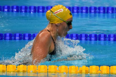 Budapeşte, Macaristan - 28 Temmuz 2017. 200 m kurbağalama Final rekabetçi yüzücü Mckeown Taylor (Aus). Duna arenada Fina yüzme Dünya Şampiyonası düzenlendi.