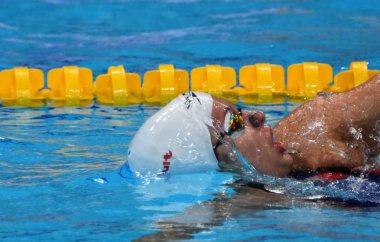 Budapeşte, Macaristan - 28 Temmuz 2017. Rekabetçi yüzücü Baker 200 m sırtüstü yüzme Kathleen (ABD). Fina yüzme Dünya Şampiyonası ön ısıtır Duna Arena.