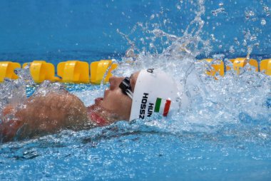 Budapeşte, Macaristan - 28 Temmuz 2017. Rekabetçi yüzücü Hosszu 200 m sırtüstü yüzme Katinka (Hun). Fina yüzme Dünya Şampiyonası ön ısıtır Duna Arena.