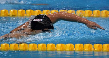 Budapeşte, Macaristan - 29 Temmuz 2017. 800 m serbest stil Final rekabetçi yüzücü Ledecky Katie (ABD). Duna arenada Fina yüzme Dünya Şampiyonası düzenlendi.