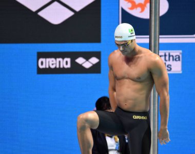 Budapeşte, Macaristan - 27 Temmuz 2017. 100 m serbest stil Final rekabetçi yüzücü Chierighini Marcelo (Bra). Duna arenada Fina yüzme Dünya Şampiyonası düzenlendi.