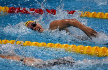 Budapeşte, Macaristan - 25 Temmuz 2017. Rekabetçi yüzücü Mckeon Emma (Aus) 200m serbest yarı final. Duna arenada Fina yüzme Dünya Şampiyonası düzenlendi.