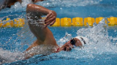 Budapeşte, Macaristan - 25 Temmuz 2017. Rekabetçi yüzücü Hosszu Katinka (Hun) 200m serbest yarı final. Duna arenada Fina yüzme Dünya Şampiyonası düzenlendi.
