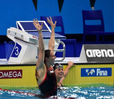 Budapeşte, Macaristan - 30 Temmuz 2017. Rekabetçi yüzücü Katinka Hosszu (Hun) 400m bireysel karışık Final kazanmak. Duna arenada Fina yüzme Dünya Şampiyonası düzenlendi.
