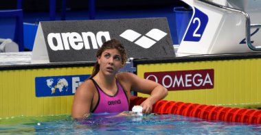 Budapeşte, Macaristan - 26 Temmuz 2017. Rekabetçi yüzücü Szilagyi 200 m yüzme Liliana (Hun) kelebek. Fina yüzme Dünya Şampiyonası ön ısıtır Duna Arena.