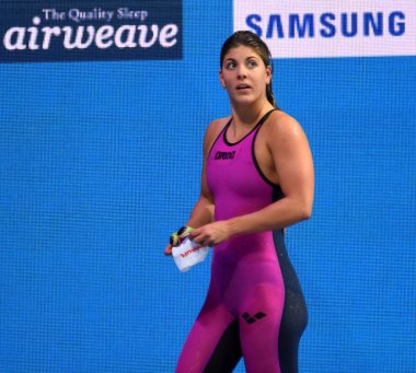Budapeşte, Macaristan - 26 Temmuz 2017. 200m kelebek yarı final içinde rekabetçi yüzücü Szilagyi Liliana (Hun). Duna arenada Fina yüzme Dünya Şampiyonası düzenlendi.
