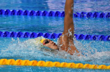 Budapeşte, Macaristan - 27 Temmuz 2017. Rekabetçi yüzücü Xu Jiayu (Chn) 200 m sırtüstü yarı final. Duna arenada Fina yüzme Dünya Şampiyonası düzenlendi.