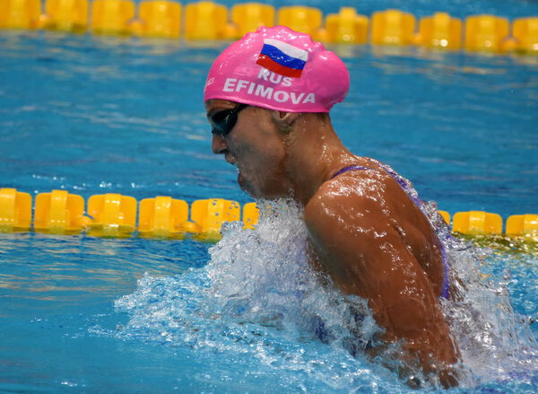 Budapest, Hungary - Jul 30, 2017. EFIMOVA Yuliya (RUS) in the Women 4x100m Medley Relay Final. FINA Swimming World Championship was held in Duna Arena.