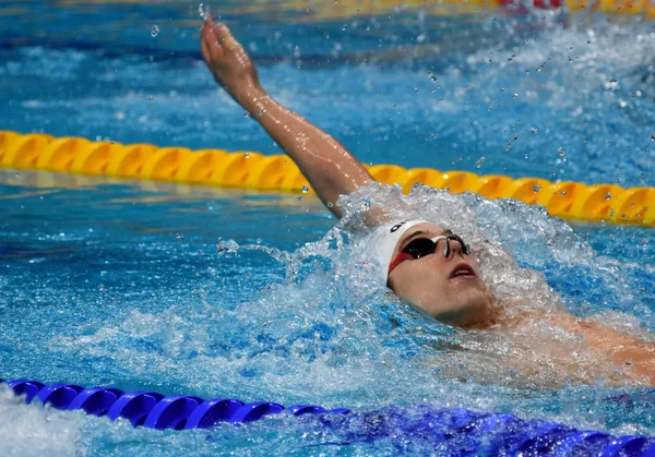 Budapeşte, Macaristan - 27 Temmuz 2017. Rekabetçi yüzücü Telegdy Adam (Hun) 200 m sırtüstü yarı final. Duna arenada Fina yüzme Dünya Şampiyonası düzenlendi.
