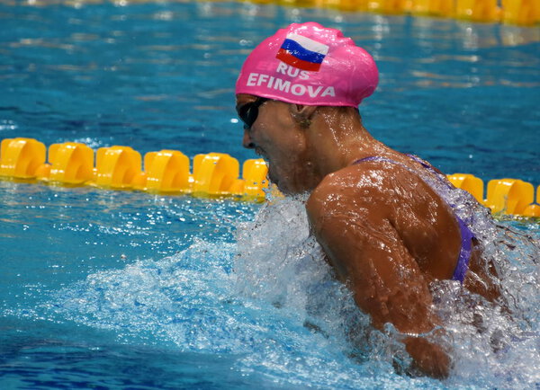 Budapest, Hungary - Jul 30, 2017. EFIMOVA Yuliya (RUS) in the Women 4x100m Medley Relay Final. FINA Swimming World Championship was held in Duna Arena.