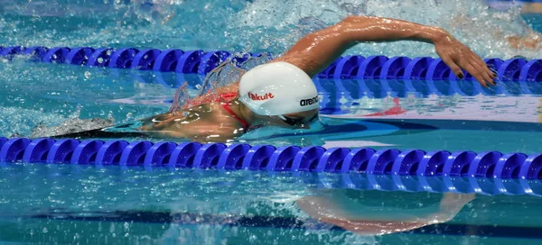 stock image Budapest, Hungary - Jul 26, 2017. Competitive swimmer HOSSZU Katinka (HUN) in the 200m Freestyle Final. FINA Swimming World Championship was held in Duna Arena.