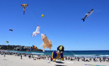 Sydney, Avustralya - 09 Eylül 2018. Uçurtma el ilanları ve insan kalabalığı yıllık ücretsiz açık Uçurtma Festivali Bondi Beach, Sydney katılmak. Rüzgarlar Festivali.