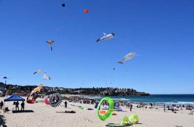 Sydney, Avustralya - 09 Eylül 2018. Uçurtma el ilanları ve insan kalabalığı yıllık ücretsiz açık Uçurtma Festivali Bondi Beach, Sydney katılmak. Rüzgarlar Festivali.