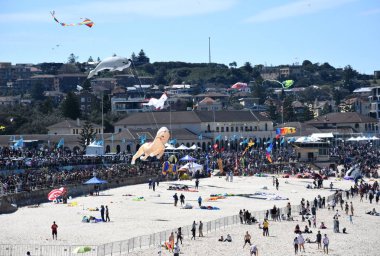 Sydney, Avustralya - 9 Eylül 2018. Uçurtma el ilanları ve insan kalabalığı yıllık ücretsiz açık Uçurtma Festivali Bondi Beach, Sydney katılmak. Rüzgarlar Festivali.