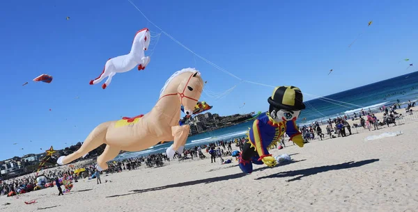 澳大利亚 2018年9月09日 风筝传单和人群参加一年一度的免费户外风筝节在邦迪海滩 风的节日 — 图库照片