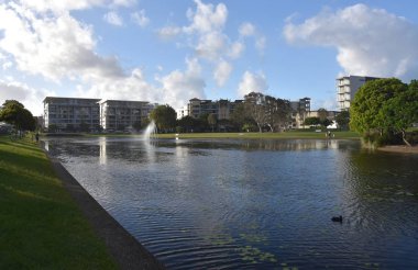 Nelson Park Sunshine Coast ortasında güzel bir küçük kaçış olduğunu. Göletin ortasındaki çeşmenin görünümü, arka planda su yansıtan apartmanlar.