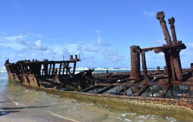 Fraser Adası (Queensland, Avustralya) kıyılarında gemi Maheno paslı batık. antika paslı ve hasarlı tekne ve okyanusta korozyon