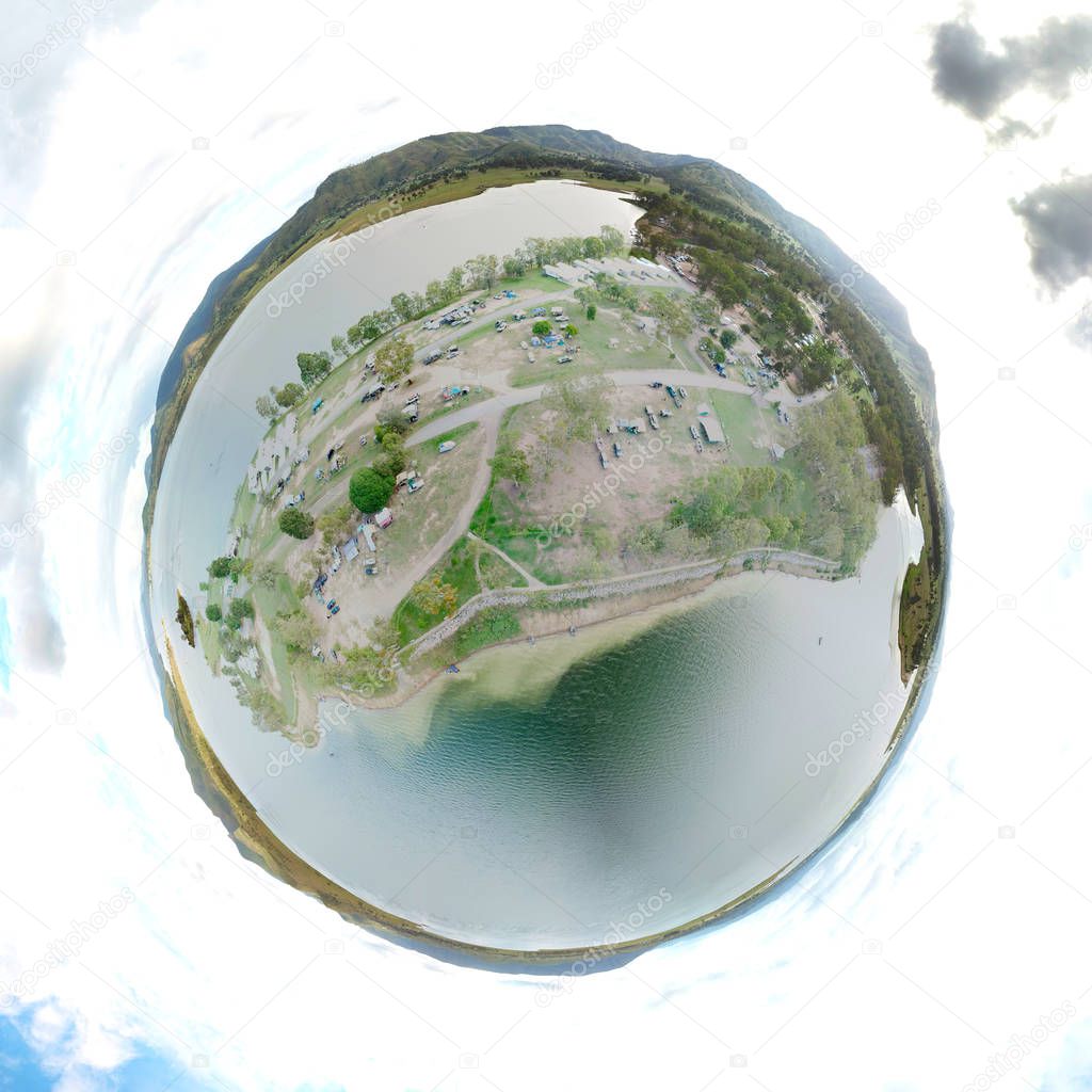 Planetoid view of Kirkleigh. Somerset Dam is mass concrete gravity dam with gated c across Stanley River in Queensland, Australia