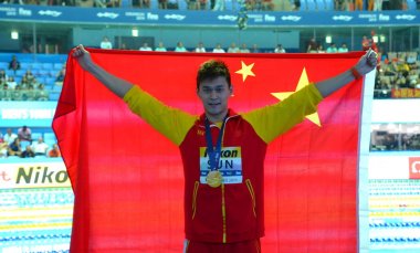 Gwangju, Güney Kore - 21 Temmuz 2019. Sun Yang (Chn), Fina Yüzme Dünya Şampiyonası'nda erkekler 400 metre serbest stil dünya şampiyonluğunu dört kez kazanan ilk kişi oldu..