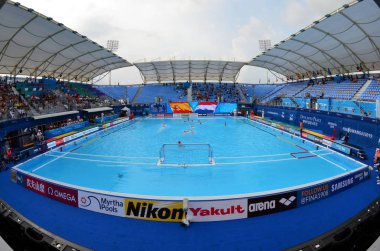 Gwangju, Güney Kore - 22 Temmuz 2019. Nambu Üniversitesi Belediye Su Sporları Merkezi geçici havuz içinde, Fina Sutopu Dünya Şampiyonası sırasında sutopu maçları ev.