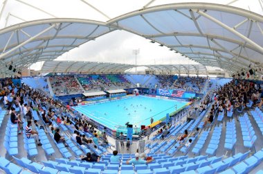 Gwangju, Güney Kore - 21 Temmuz 2019. Nambu Üniversitesi Belediye Su Sporları Merkezi geçici havuz içinde, Fina Sutopu Dünya Şampiyonası sırasında sutopu maçları ev.