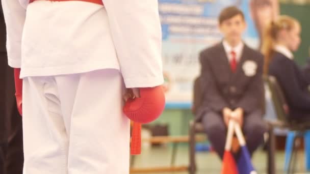 El chico se prepara para una pelea de karate. — Vídeos de Stock