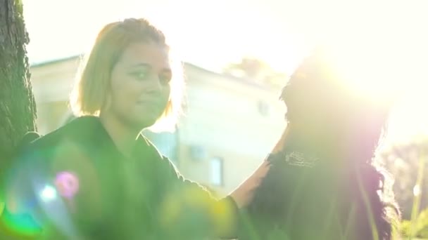 Une jeune femme avec un chien assis près d'un arbre dans le parc contre le bâtiment à la lumière du soleil — Video