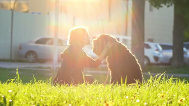 Tjej och stor svart hund som sitter på gräsmattan i parken, solljus, i förgrunden ljusa gröna gräset — Stockvideo