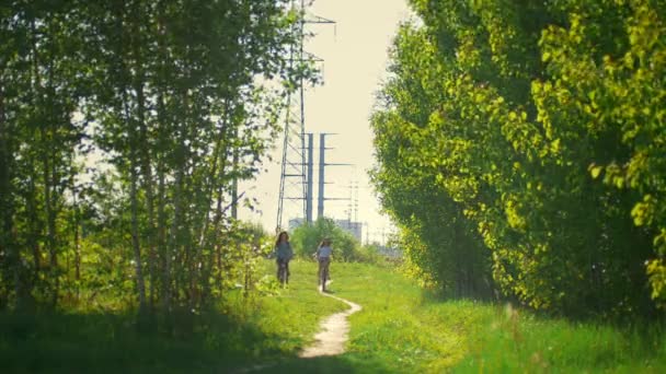 Meninas jovens vêm de bicicleta para a floresta para caminhar — Vídeo de Stock