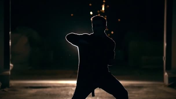 Kick of hand , tricks of martial arts, night — Stock Video