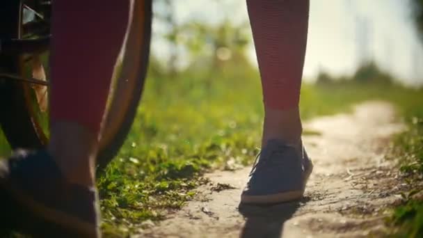 Pernas de meninas com bicicletas no caminho no Parque, contra o verde em um dia ensolarado de verão — Vídeo de Stock