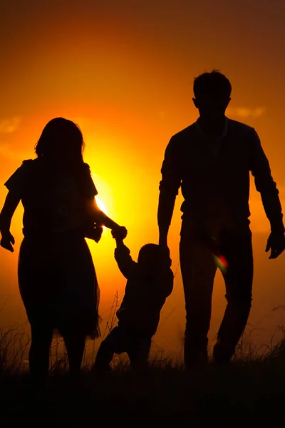 Батьки з дитиною розважаються на тлі заходу сонця своїми руками силует — стокове фото