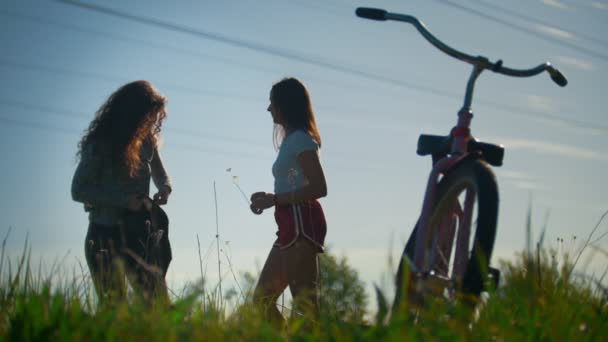 Дівчата-велосипедисти тримають один одного і розігріваються в пакрі, поруч зі своїми велосипедами, влітку сонячний день — стокове відео