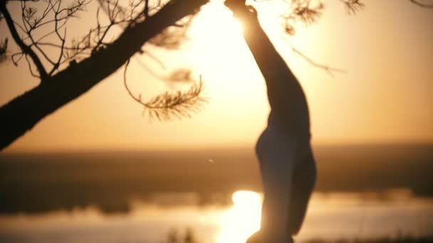 Silueta masculina realizando volteretas en la colina al atardecer de verano — Vídeo de stock