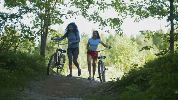 Přítelkyně cyklistů opustit cestu zelené křoví, za slunečného dne — Stock fotografie