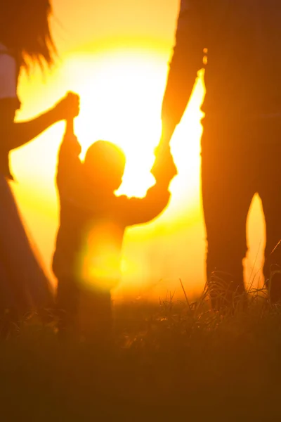 Parents with a baby have fun on the background of sunset with their hands up - silhouette