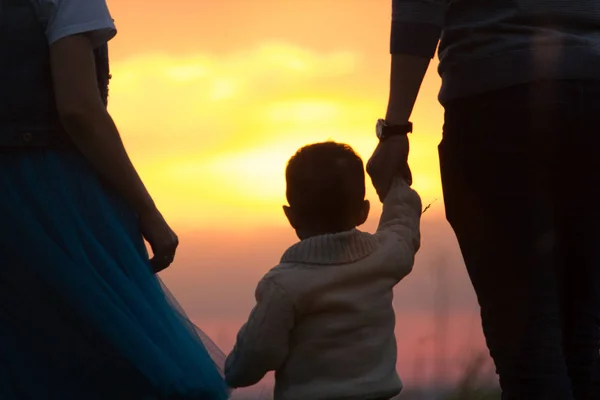 Papa en Mama verhogen de baby in de lucht, de familie heeft fun - silhouet — Stockfoto