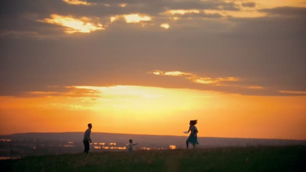 Joven mujer y su marido jugando frisbee en el campo, de pie junto a su hijo pequeño, atardecer noche de verano - cámara lenta — Vídeo de stock